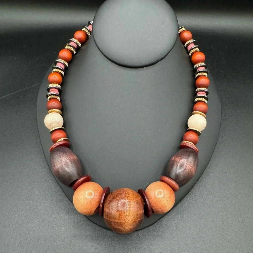 Real Wood 70s Beaded Boho Chunky Collar Necklace with Gold Accents